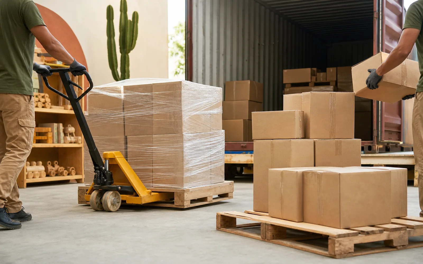 Cajas de juguetes preparadas para salida mayorista y carga, escena representativa