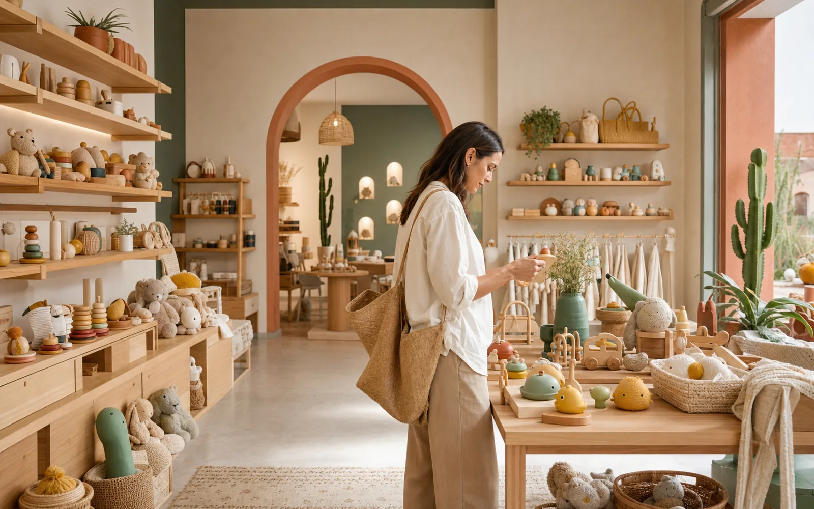 Tienda premium de juguetes para bebé con exhibición ordenada, escena ilustrativa