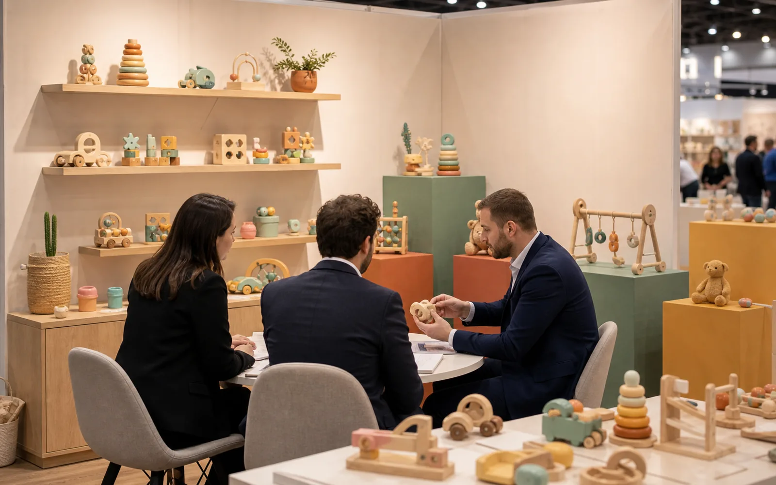Stand B2B de juguetes con compradores adultos, escena representativa