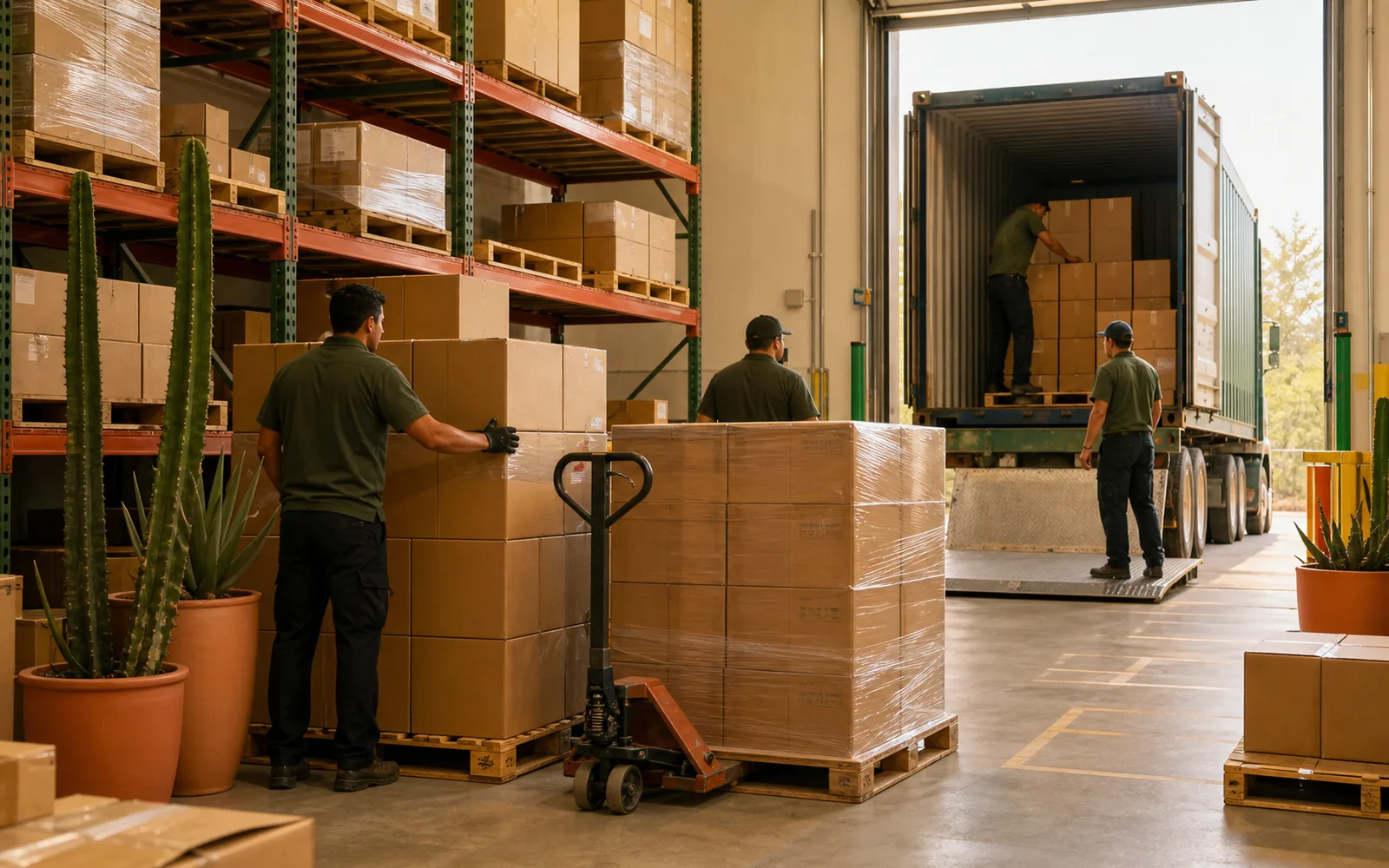 Almacén con cajas preparadas para carga de exportación, escena representativa