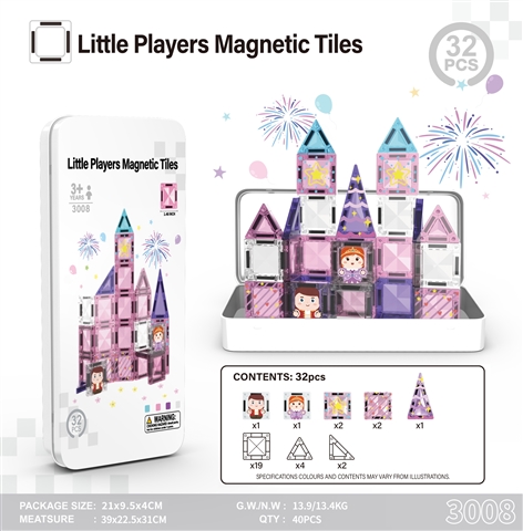 CPS351647 3.75-inch magnetic tiles, pink castle set, 32 pieces