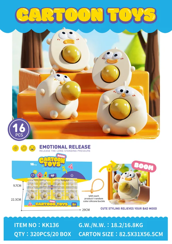 Huevo Squish Toy con Pollito – Juguete Sensorial de Vinilo para Estrés, Exhibidor Display, 320 pz/ctn, FOB USD 0.50–0.53 · imagen de producto